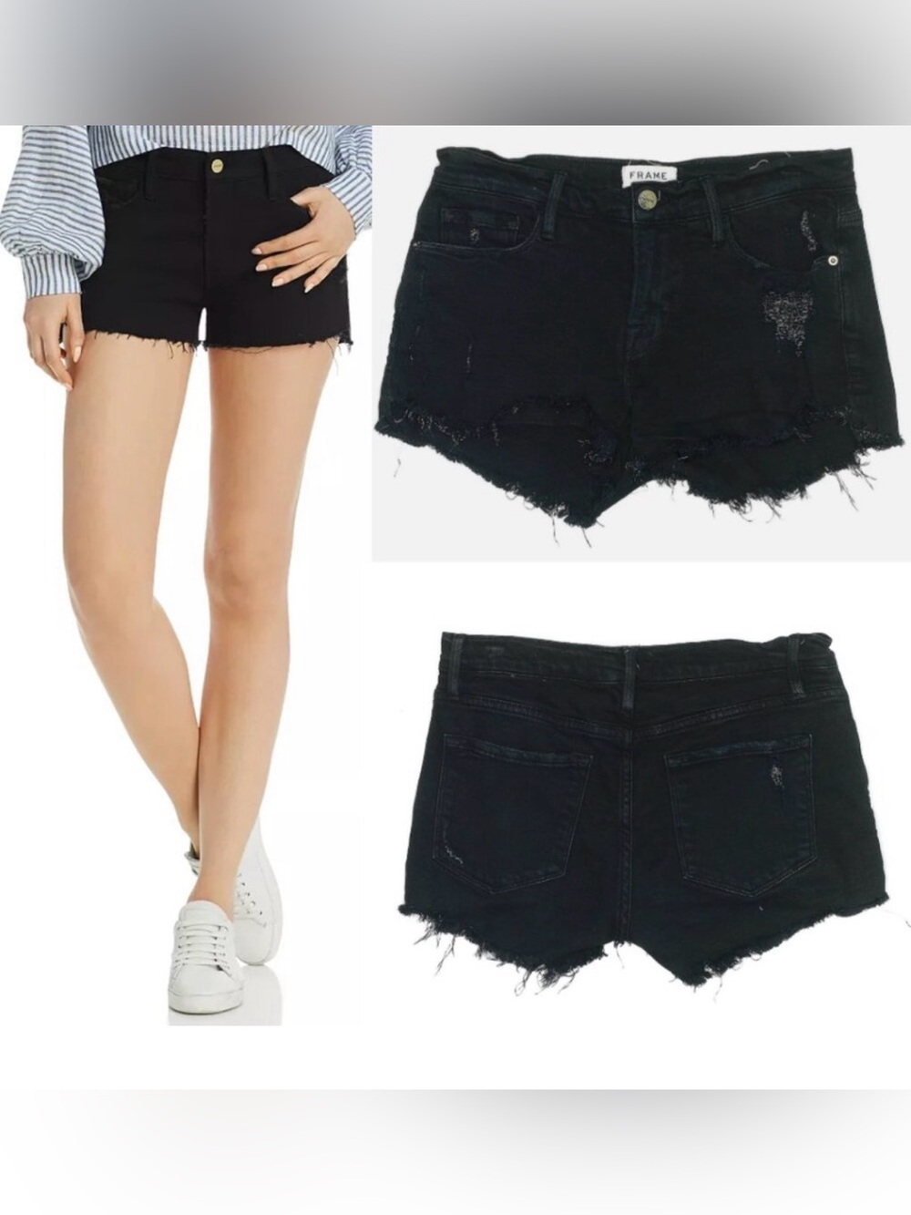 Frame Denim Black Frayed Hem Cutoff Shorts